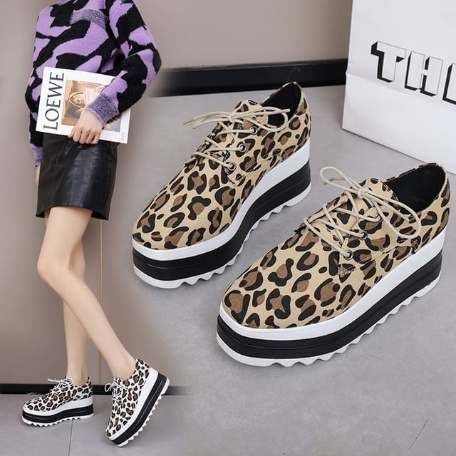 Print Lace-Up Leopard Shoes Platform