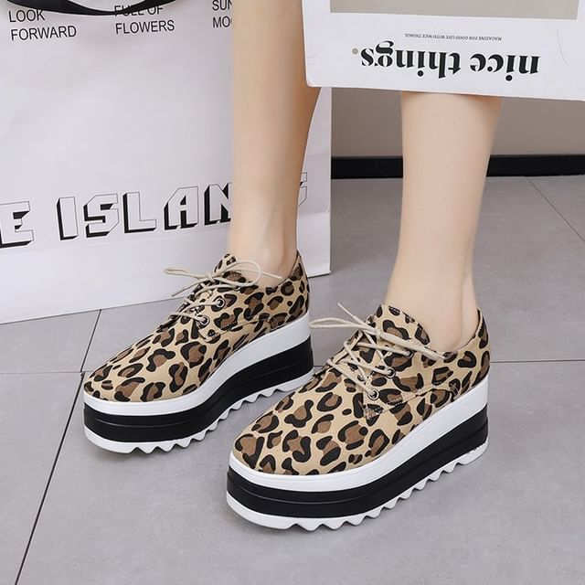 Print Lace-Up Leopard Shoes Platform