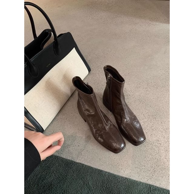 Genuine Leather Low-Heel Square Toe Short Boots