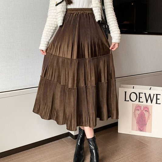 A-Line Elastic Skirt Tiered Midi Plain Velvet Waist