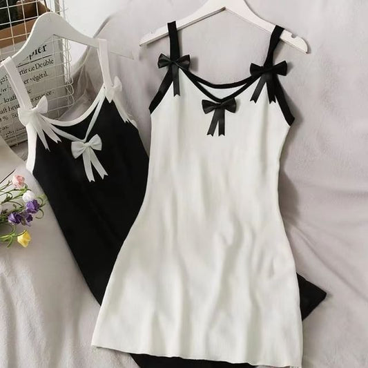 Strap Contrast Dress Trim Bodycon Mini Spaghetti Bow