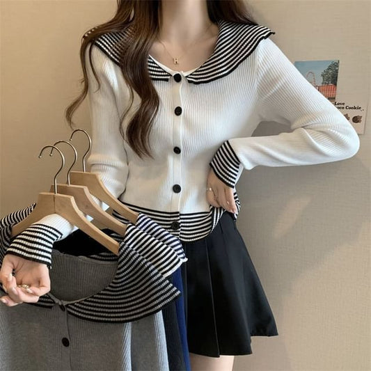 Panel Long-Sleeve Collar Ribbed Button Striped Top Knit