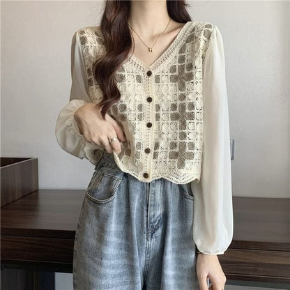 Crochet Knit Long-Sleeve V-Neck Blouse Panel