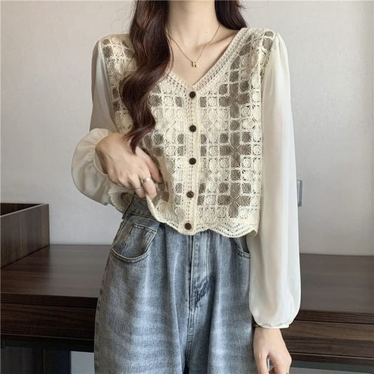 Crochet Knit Long-Sleeve V-Neck Blouse Panel