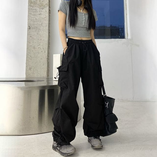 Leg Plain Wide Pants Cargo Waist Drawstring