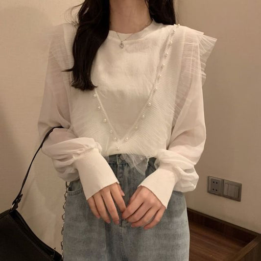 Long-Sleeve Ruffle Top Faux Plain Pearl Trim Knit Neck Crew