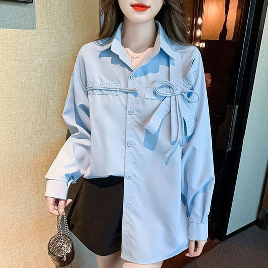 Bow Plain Accent Shirt Long-Sleeve