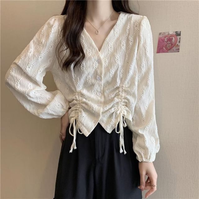 Plain Long-Sleeve Drawstring Eyelet Blouse V-Neck