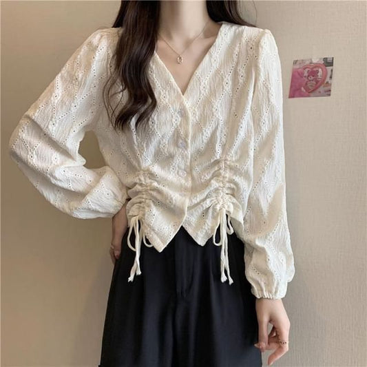 Plain Long-Sleeve Drawstring Eyelet Blouse V-Neck