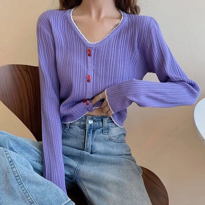 Trim Contrast V-Neck Long-Sleeve Top Knit Button Ribbed Crop