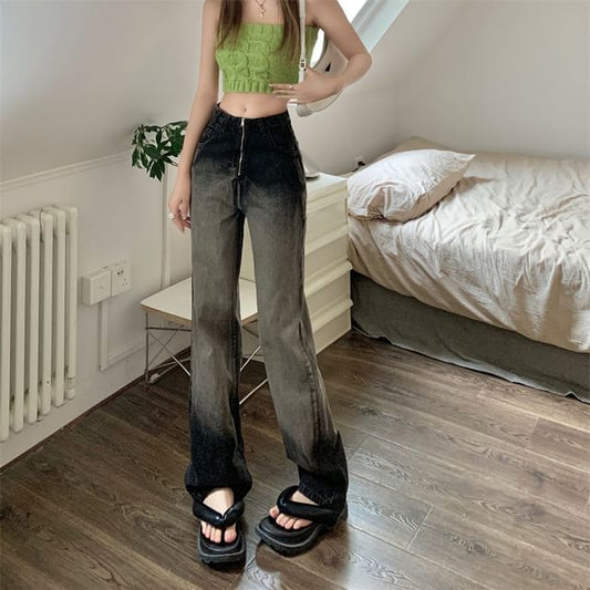 Washed Loose Waist High Gradient Fit Jeans