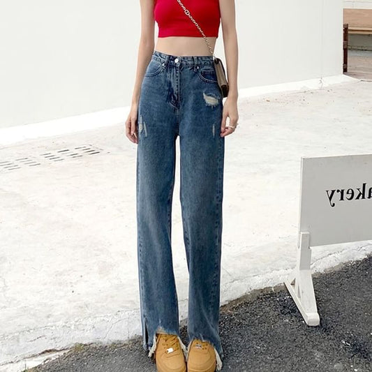 High Jeans Fit Loose Distressed Waist
