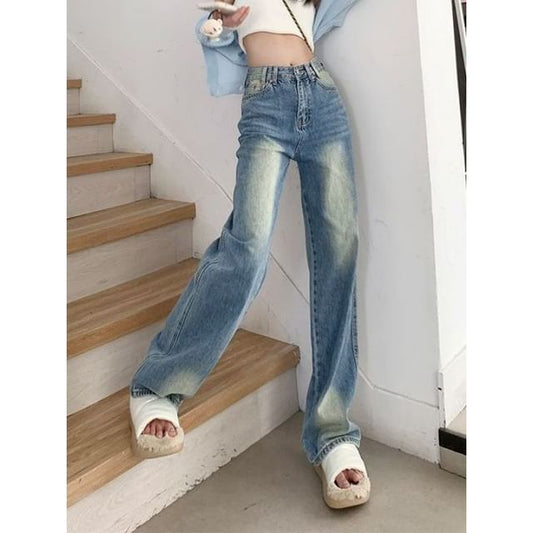 Wide Waist High Washed Leg Jeans