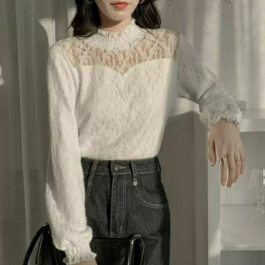 Long-Sleeve Lace Plain Mock Neck Top