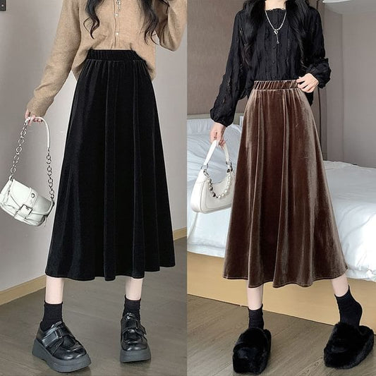 Waist Plain A-Line Velvet Midi Elastic Skirt