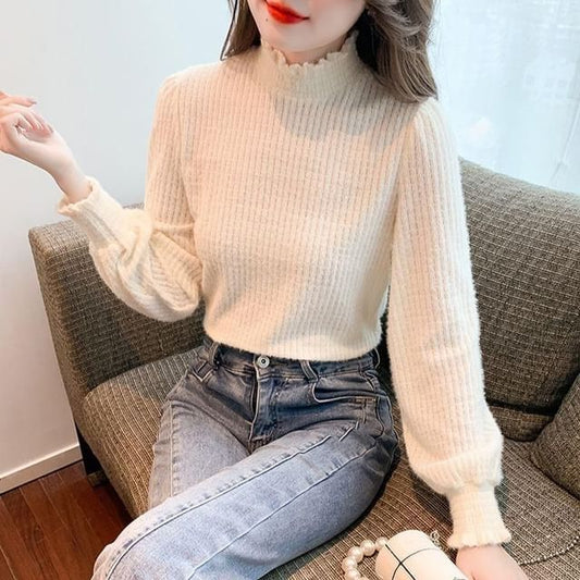 Long-Sleeve Mock Top Plain Lace Neck