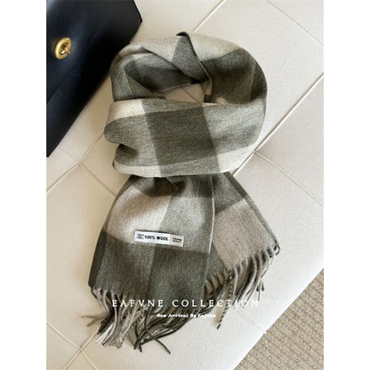 Lettering Applique Wool Plaid Fringed Scarf