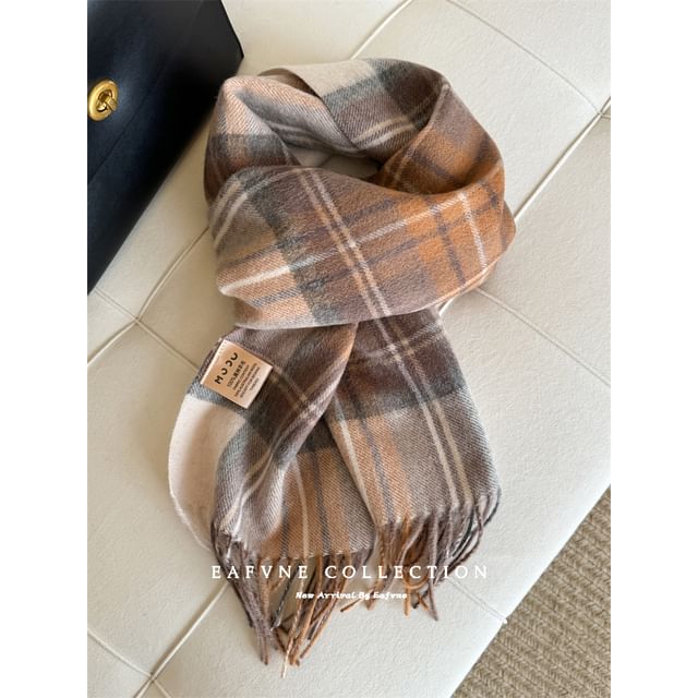 Lettering Applique Wool Plaid Fringed Scarf