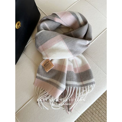 Lettering Applique Wool Plaid Fringed Scarf