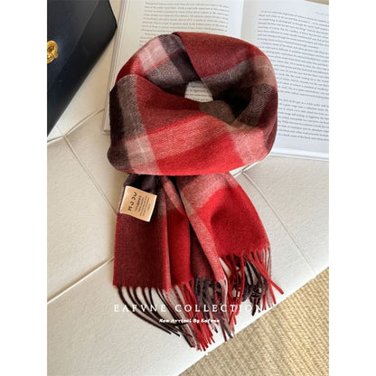 Lettering Applique Wool Plaid Fringed Scarf