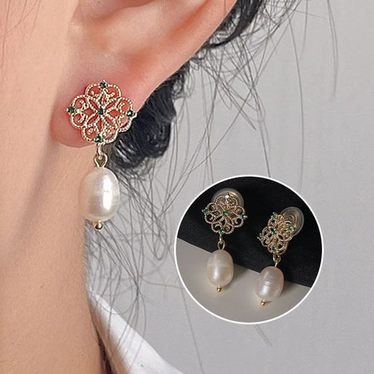 Pearl Floral Drop Rhinestone Clip-On Earring Faux