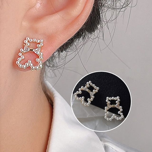 Clip-On Faux Pearl Earring Rhinestone Bear