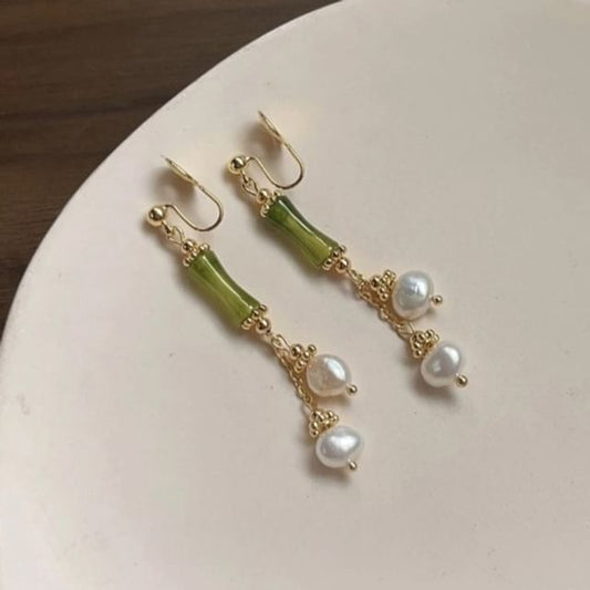 Earring Drop Pearl Clip-On Bamboo Faux