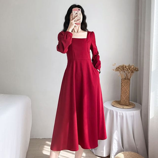 Dress A-Line Square Midi Long-Sleeve Plain Neck