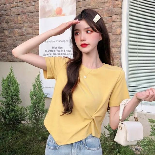 Plain Neck Crop Crew T-Shirt Asymmetrical Ruched Short-Sleeve