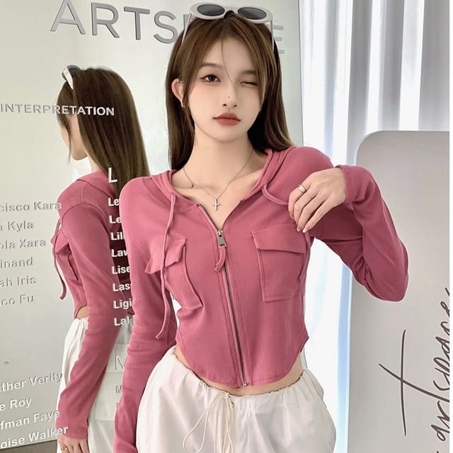Hoodie Crop Plain Zip-Up Fit Slim