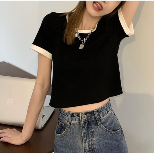 Crop Neck Short-Sleeve Contrast Trim Crew T-Shirt
