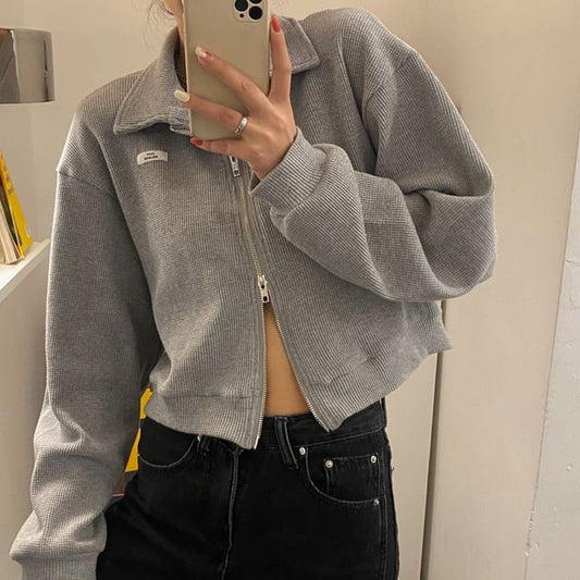 Zip-Up Applique Crop Collared Plain Waffle Jacket