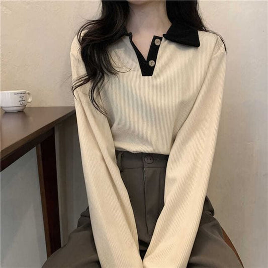 Shirt Ribbed Trim Polo Long-Sleeve Contrast
