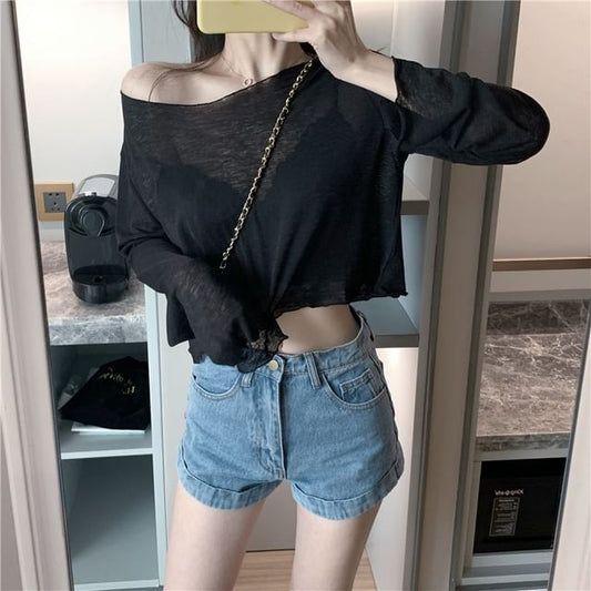 Sheer Plain Crop T-Shirt Off-Shoulder Long-Sleeve