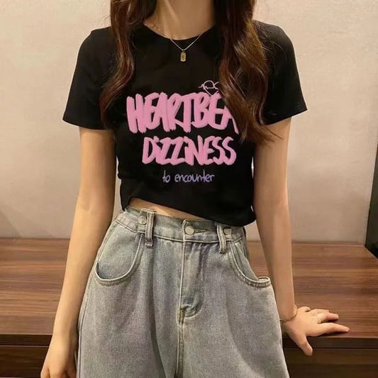 Lettering Print T-Shirt Neck Crew Crop Short-Sleeve
