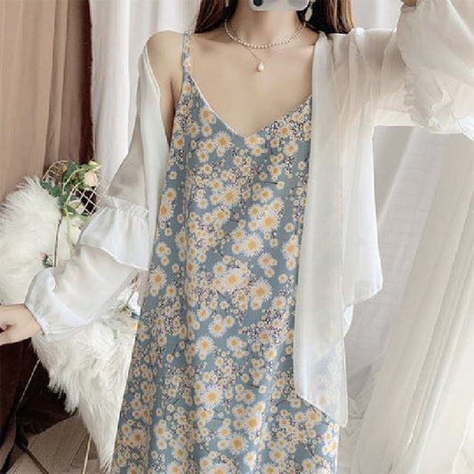 Midi V-Neck Dress Print Strap Spaghetti Floral Shift