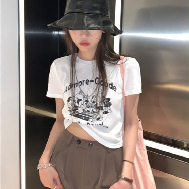 Short-Sleeve Neck Print T-Shirt Crop Lettering Crew
