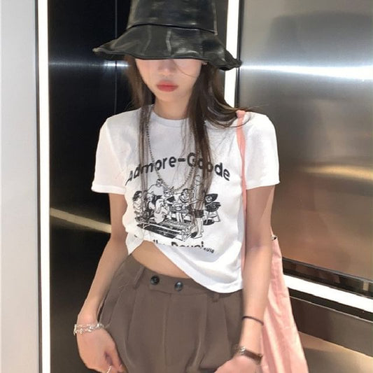 Short-Sleeve Neck Print T-Shirt Crop Lettering Crew