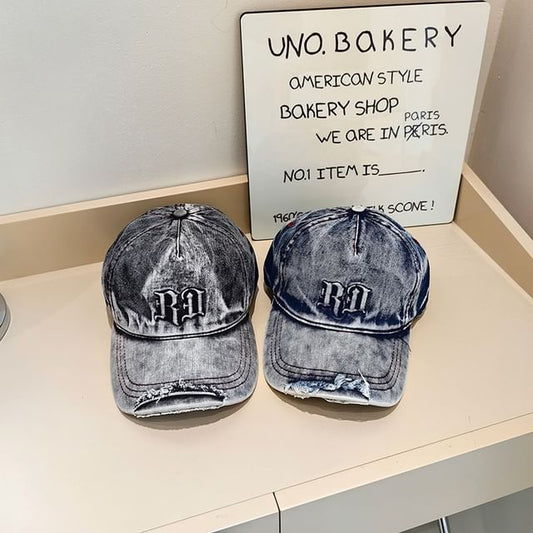 Distressed Lettering Washed Denim Baseball Cap