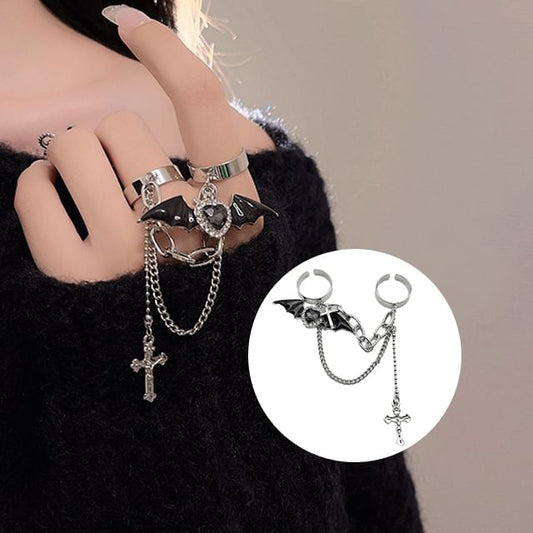 Cross Ring Heart Wing Double Bat Alloy