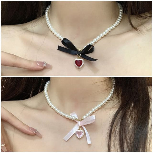 Wholesale Sample Heart Pendant Ribbon Faux Pearl Choker