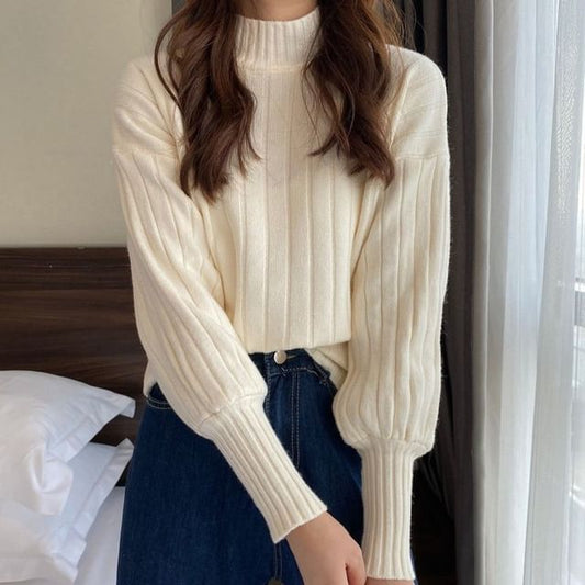 Sweater Plain Ribbed Mock Neck