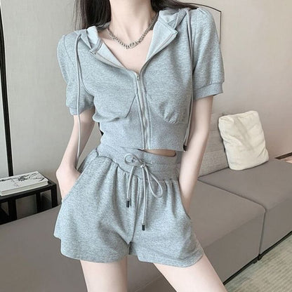 Hoodie Zip Shorts Set: Plain Short-Sleeve Waist Sweat Drawstring +