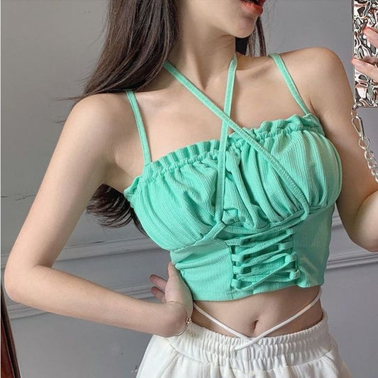 Ruched Camisole Crop Up Plain Top Lace