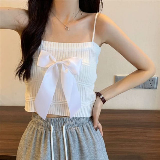 Top Camisole Bow Ribbed Knit Plain