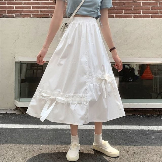 Waist Midi Panel Bow Skirt Plain Elastic A-Line
