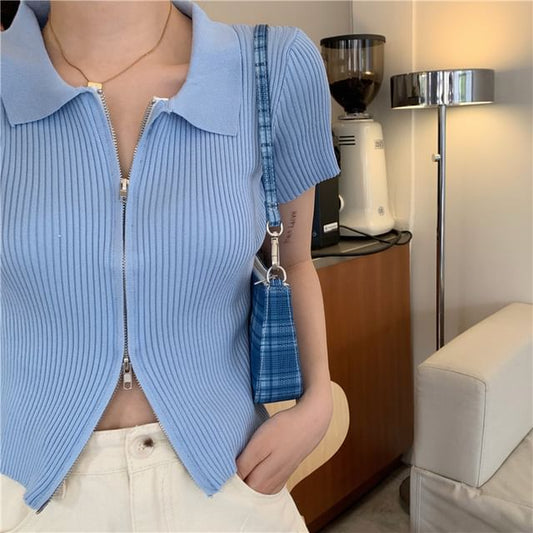 Knit Plain Short-Sleeve Zip Top Polo