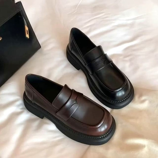Leather Loafers Chunky Platform Heel Faux