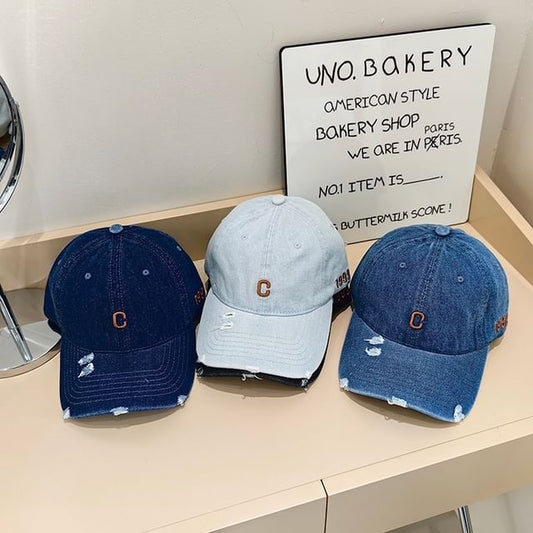 Lettering Baseball Denim Embroidered Distressed Cap