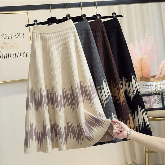 Waist Skirt A-Line Midi High Printed Knit